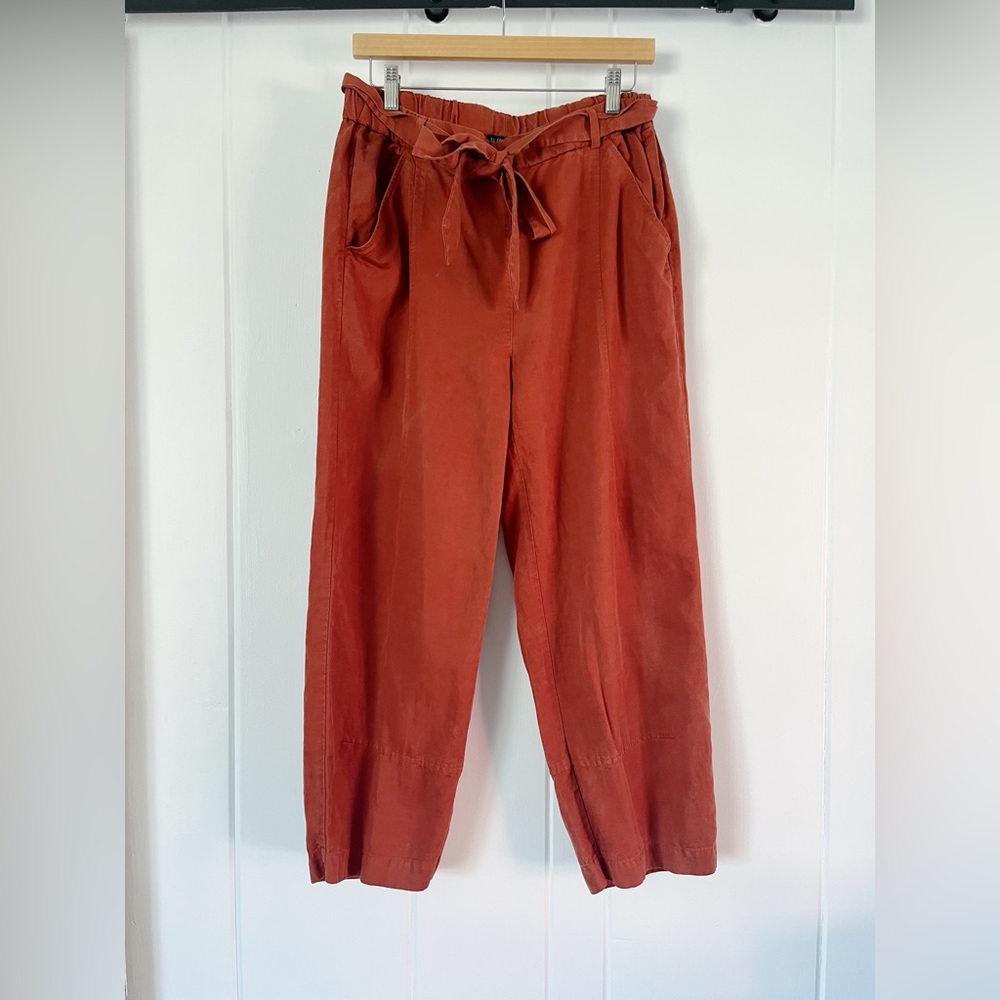 Eileen Fisher Rust Orange Tencel Linen Blend Cargo Ankle tie Waist Pants Sz SM